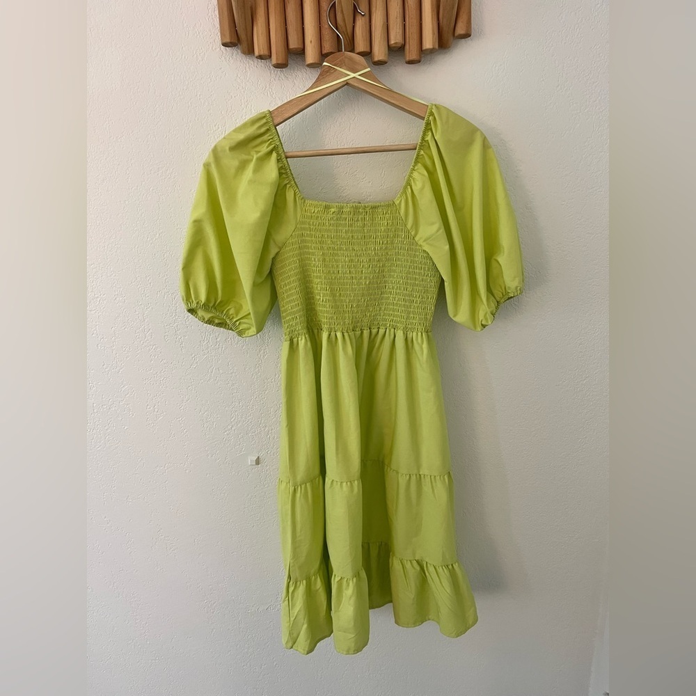 Lark + Grey Green Puff Sleeve Shirred Dress Midi